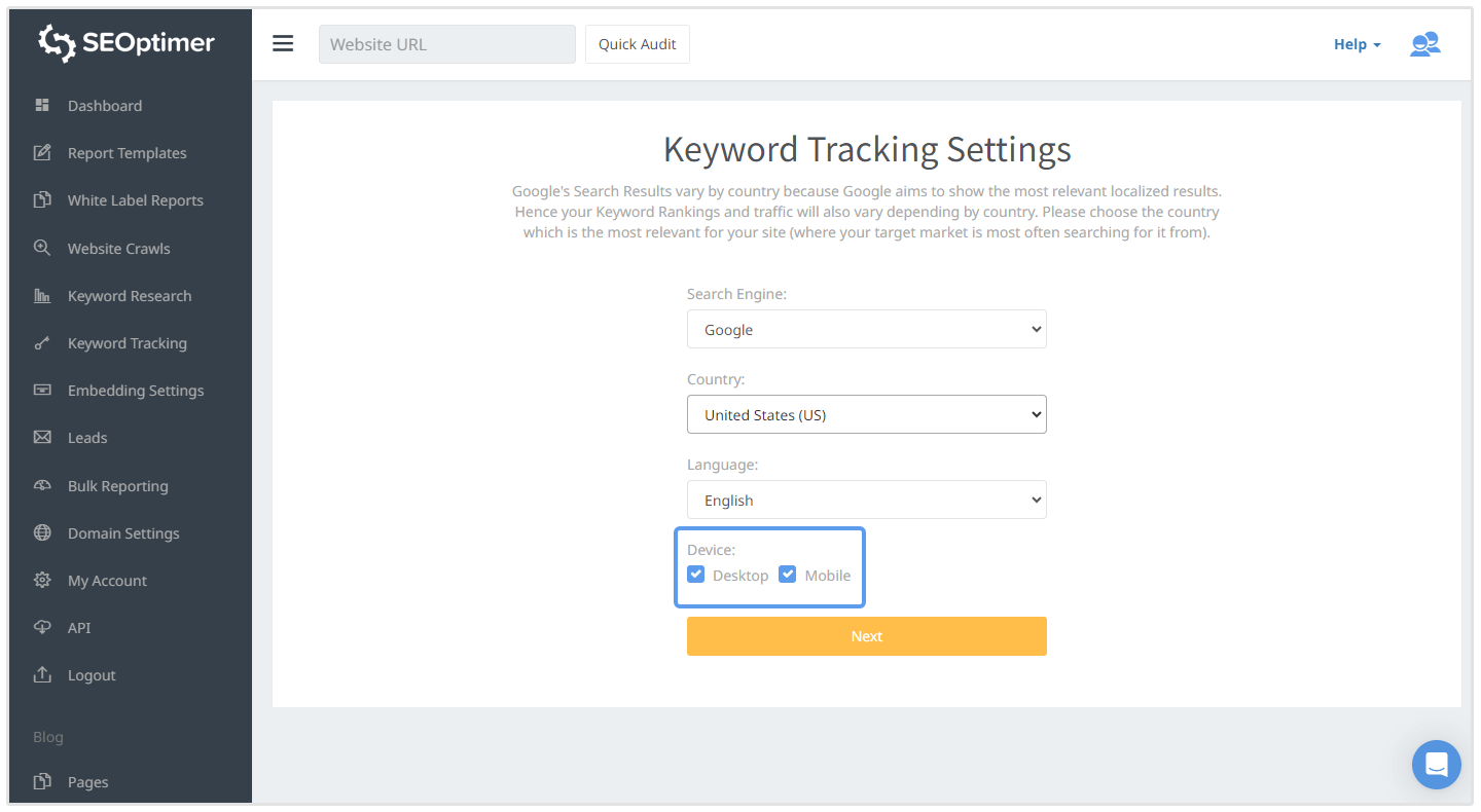 SEOptimer Keyword-Tracker-Einrichtung